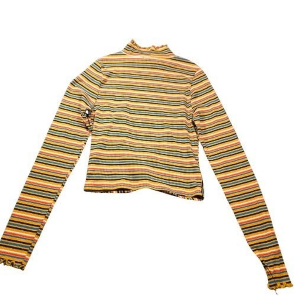 Sm Striped Mock Neck Twist‎ Front Crop Top Long Sleeve Lettuce Edge Ribbed Knit